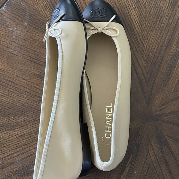 CHANEL Beige Lambskin Cap Toe Ballerina Flats - Picture 6 of 16